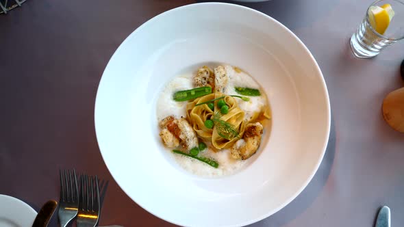 Top View of Fresh Pasta Fettuccini with Seafood