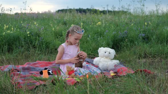 Little Girl Hugging Her Toy Dog on Summer Meadow