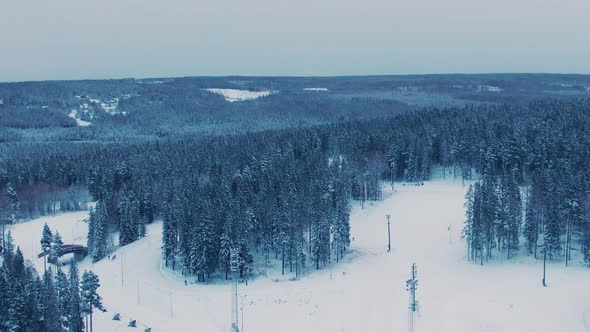 Wide pull in aerial of vast panoramic wintery snowy forrest landscape