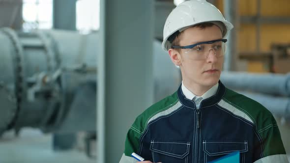 Engineer in Hardhat Walking in Factory and Writing Down on Clipboard