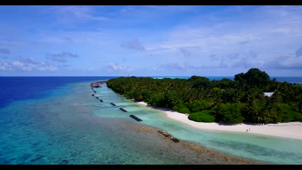 Aerial top view seascape of tropical coastline beach wildlife by blue lagoon with white sand backgro