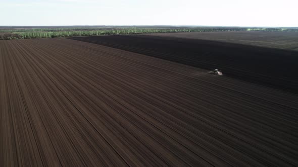 Aerial view of tractor sowing wheat or sunflower in agriculture area