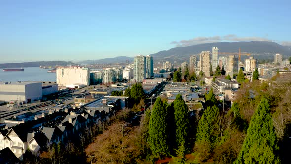 Aerial rising to reveal the scenic North Vancouver waterfront.