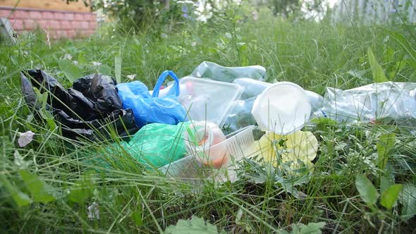 Concept of Environmental Protection. Plastic and Glass Bottles, Bottle Caps and Paper,