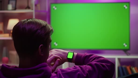 Man Using Smartwatch with Chroma Key Closeup