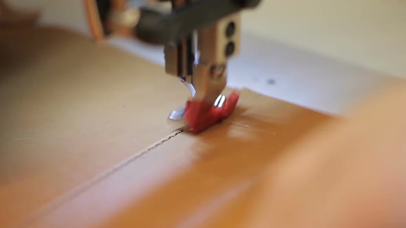Parts of Artificial Leather Bag Being Assembling Together By Sewing Machine