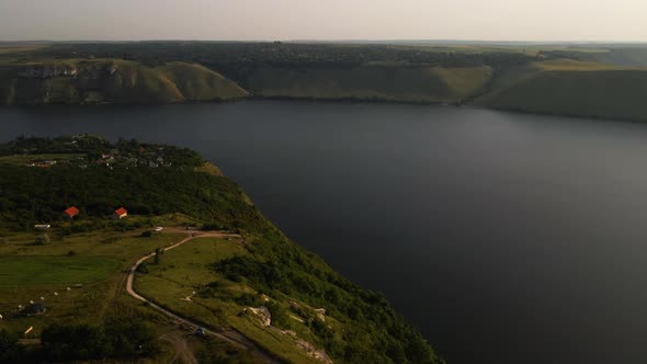 Aerial View From Flying Drone of Bakota Bay on Dnister River Ukraine