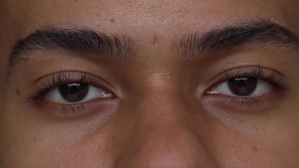 Extreme Close Up Beautiful Eyes of Tan Man Expressing Anger Slow Motion