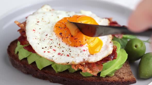 Toast with Avocado Fried Bacon and Egg on a Plate