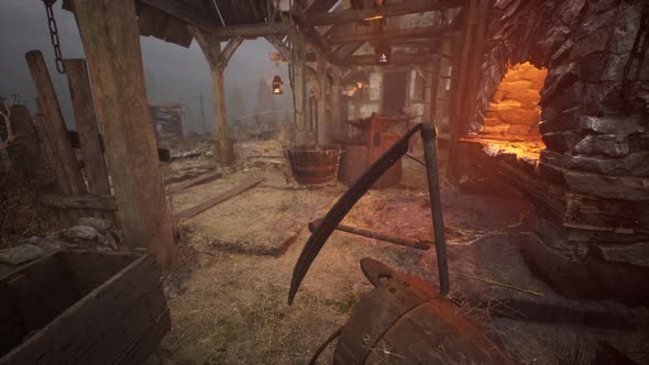 Blacksmiths Tools Hammer and Anvil in Old Blacksmiths Workshop