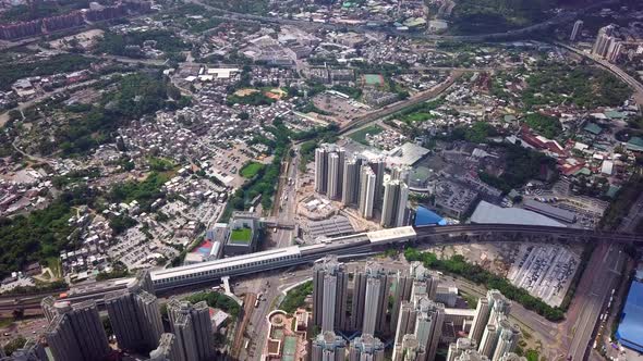 Drone fly over the Hong Kong urban city