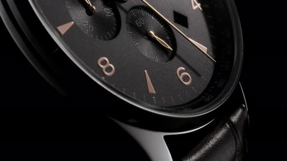 Closeup of Black Swiss Watch with Chronograph