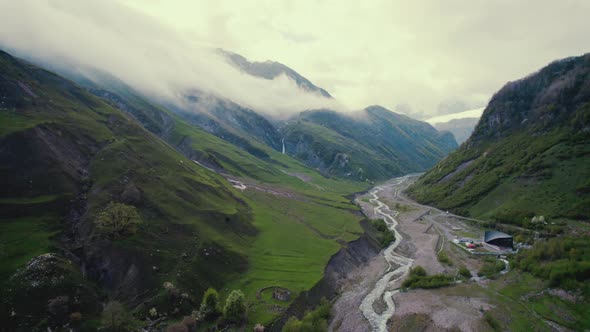 Birdseye View of Old Military Road Between Georgia and Russia in Dariali Gorge River Tergi Georgia