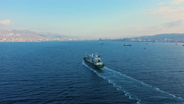 Aerial View of Tanker Sailing at Calm Blue Sea on Sunny Day