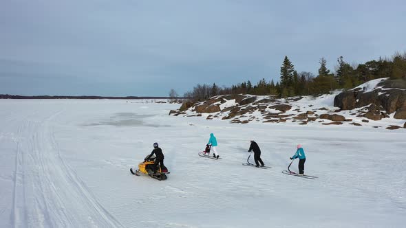 Snowmobile And Kicksleds   Drone Footage