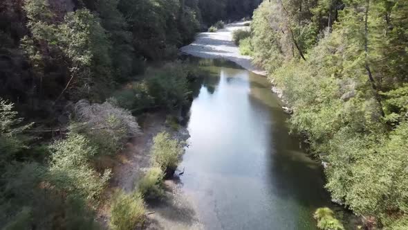 Drone Flying Down A River In a Forest