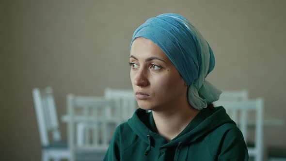 Sad Woman with Cancer in Headscarf