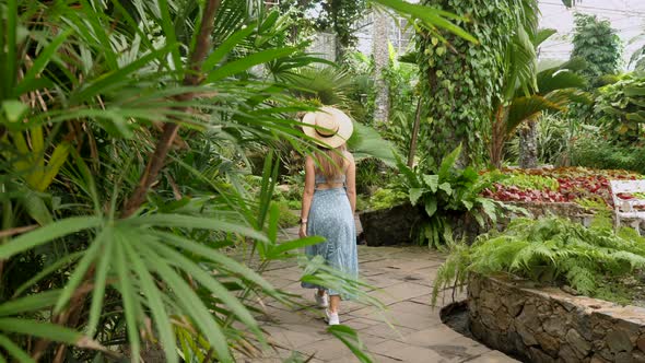 Young Travel Woman in Tropical Rainforest Walking Touching the Palm Leaf