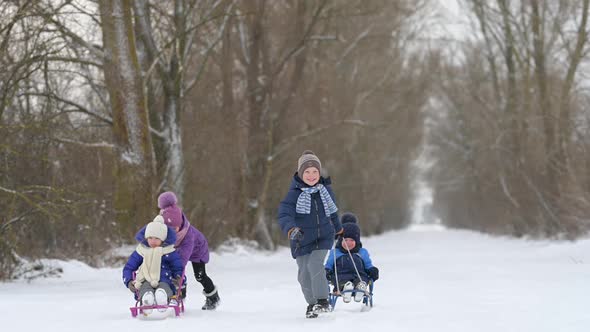 Children sledding in a beautiful winter park