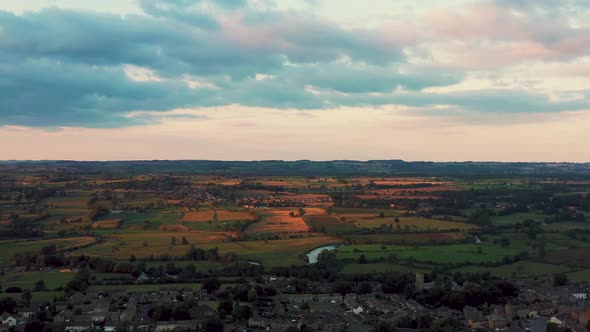 Aerial footage at sunset in the beautiful village of Middleham, Leyburn in North Yorkshire in the UK