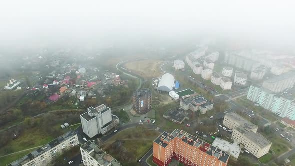 Aerial View Of Grey Cloudy Sky Over The City Of Lutsk In Ukraine, Autumn. 