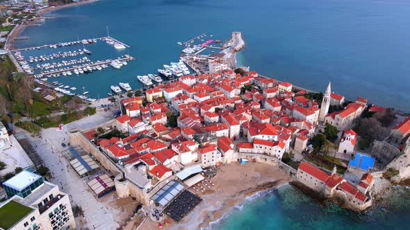 Budva Montenegro Old Mediterranean Town with Red Roofs on White Medieval Stone Houses Featuring
