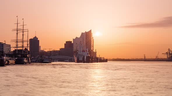 Sunrise Time Lapse of Hamburg Cityscape with Harbor and Elbe River, Hamburg, Germany