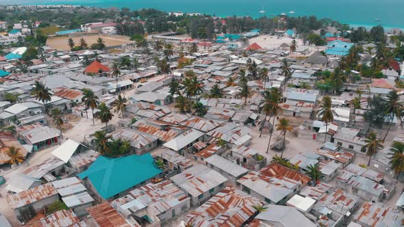 Aerial View African Slums Dirty House Roofs of Local Village Zanzibar Nungwi