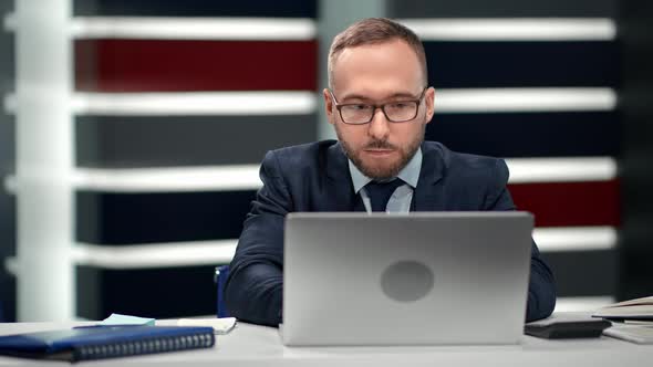 Focused Male Boss in Suit Tie Working Laptop Pc at Modern Office Workplace