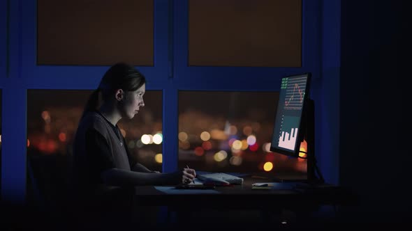 Portrait Woman Night of a Financial Analyst Working on Computer with Monitor Workstation with