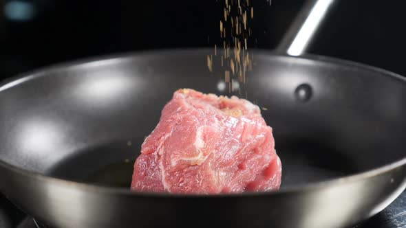 Cooking Process Shot in Slow Motion. Chef Seasoning Meat on Frying Pan with Paprika and Herbs