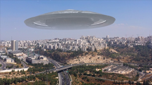 Large Ufo flying saucer over Jerusalem City- Aerial view