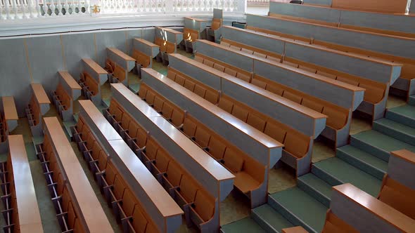 Shot of empty university classroom. Empty modern lecture style university classroom alt