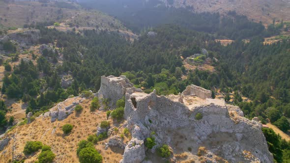 Orbiting aerial view of Palio Pyli Castle ruins
