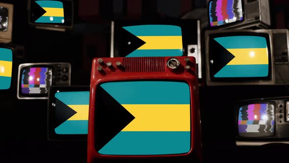 Flag of The Bahamas on Retro TVs. 4K.