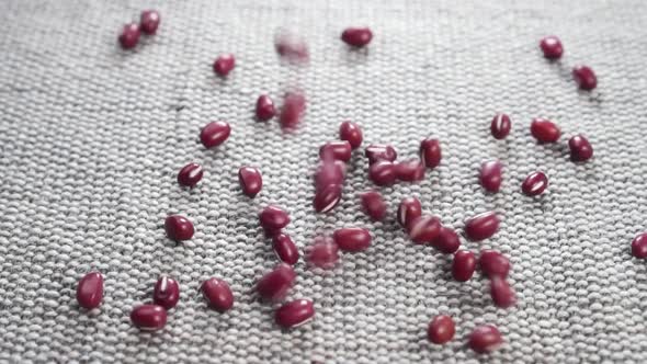 Red adzuki or azuki beans. Falling uncooked organic legume grains on a rough jute rustic cloth