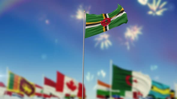 Dominica Flag With World Globe Flags And Fireworks 