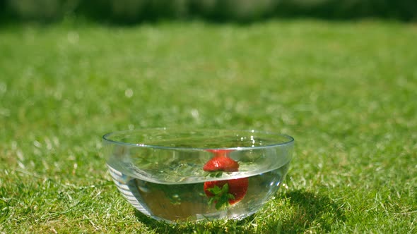 picking up strawberry from bowl