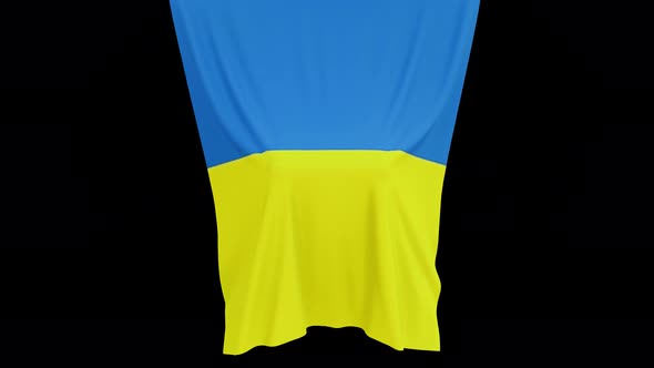 The piece of cloth falls with the flag of the State of Ukraine to cover the product