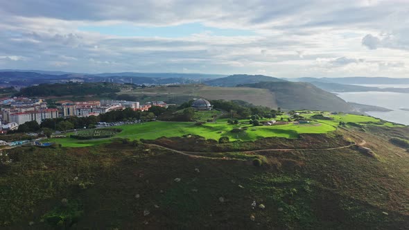 Monte de San Pedro Municipal Park and its atlantic viewpoint dome on a cape. Aerial