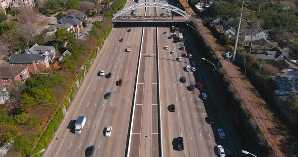 Aerial of cars on 59 South freeway in Houston, Texas on a bright sunny day