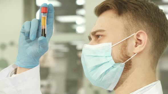 An Experienced Laboratory Assistant Carefully Examines a Test Tube with Blood