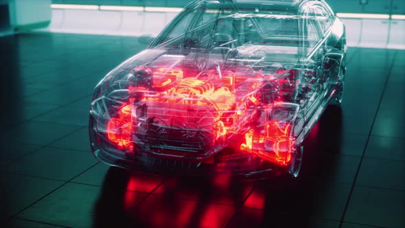 Transparent Car with Engine in Laboratory