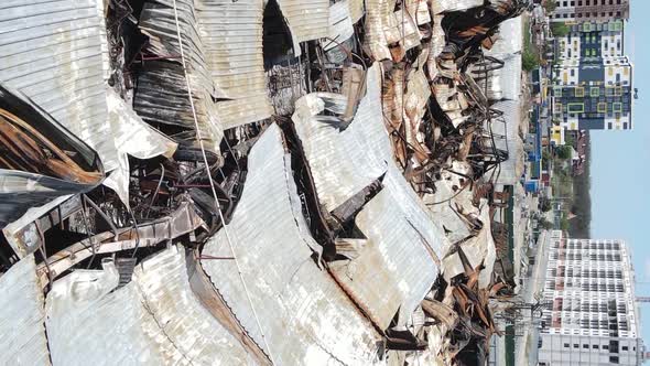 Vertical Video of a Destroyed Building of a Shopping Center in Bucha Ukraine