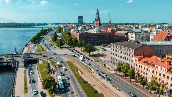Aerial Hyperlapse of the Riga City  the Capital of Latvia