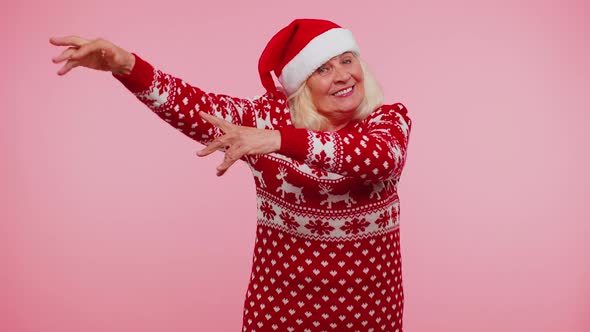 Senior Christmas Old Grandmother Woman Listening Music Via Earphones Dancing Disco Fooling Around