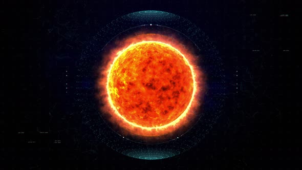 Futuristic flaming solar star with HUD interface. High tech burning surface of Sun in deep space alt