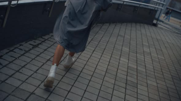 Fit Girl Running City Background Near Modern Urban Buildings