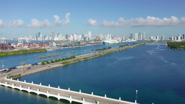  Aerial Top View of City and Port at Tropical Bay. Miami Cityscape and Port alt
