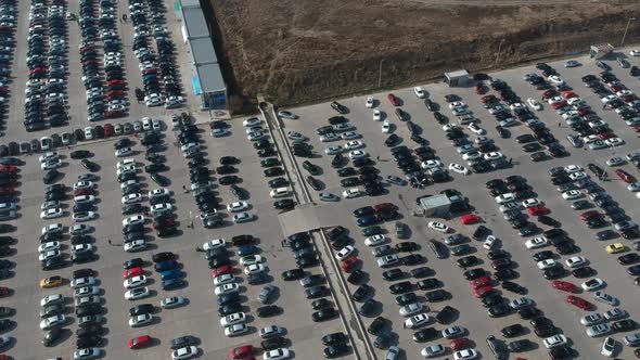 Aerial view of new cars in the parking